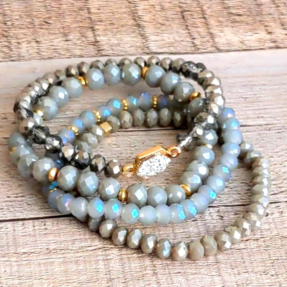 Silver & Gray Crystal Beaded Boho Bracelets Multi Layer Stretch Natural Gemstone - Picture 4 of 12